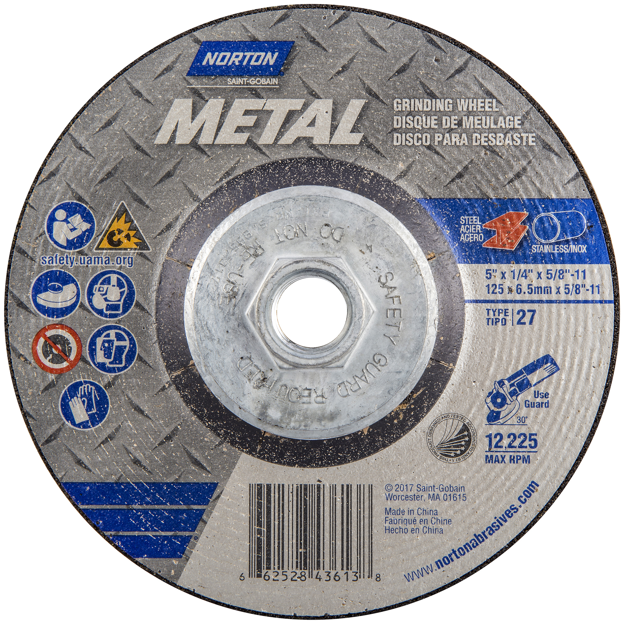 Norton, 5x1/4x5/8-11in. Metal Grinding Wheel T27 Wheel Diameter 5 in, Wheels (qty.) 1 Model# 66252843613